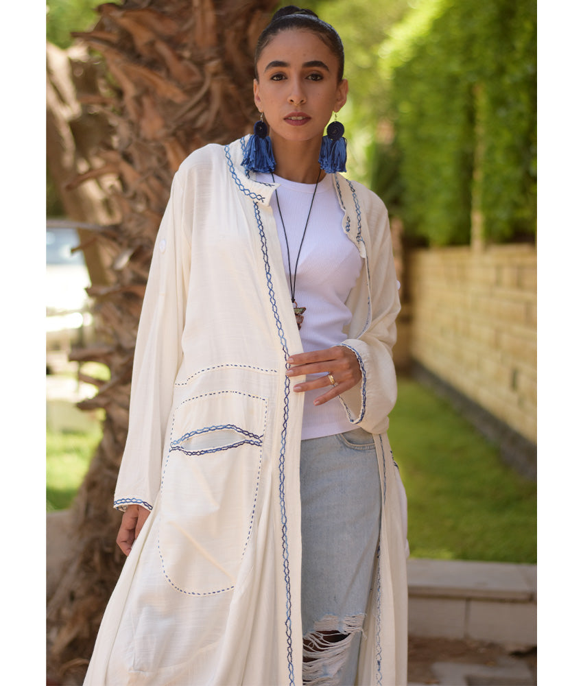 Off White Embroidered Draped Linen Cotton Cardigan handmade in Egypt & available in Jozee boutique