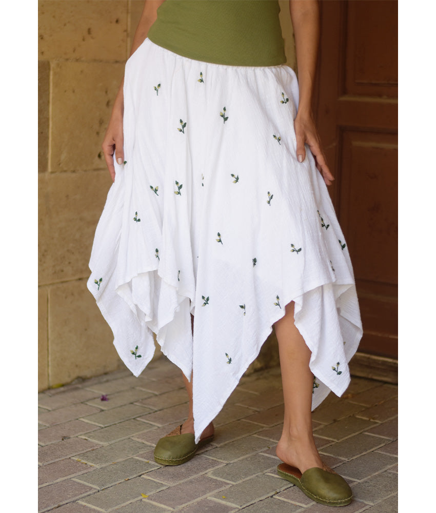 White Embroidered Handkerchief Skirt handmade in Egypt & available in Jozee boutique