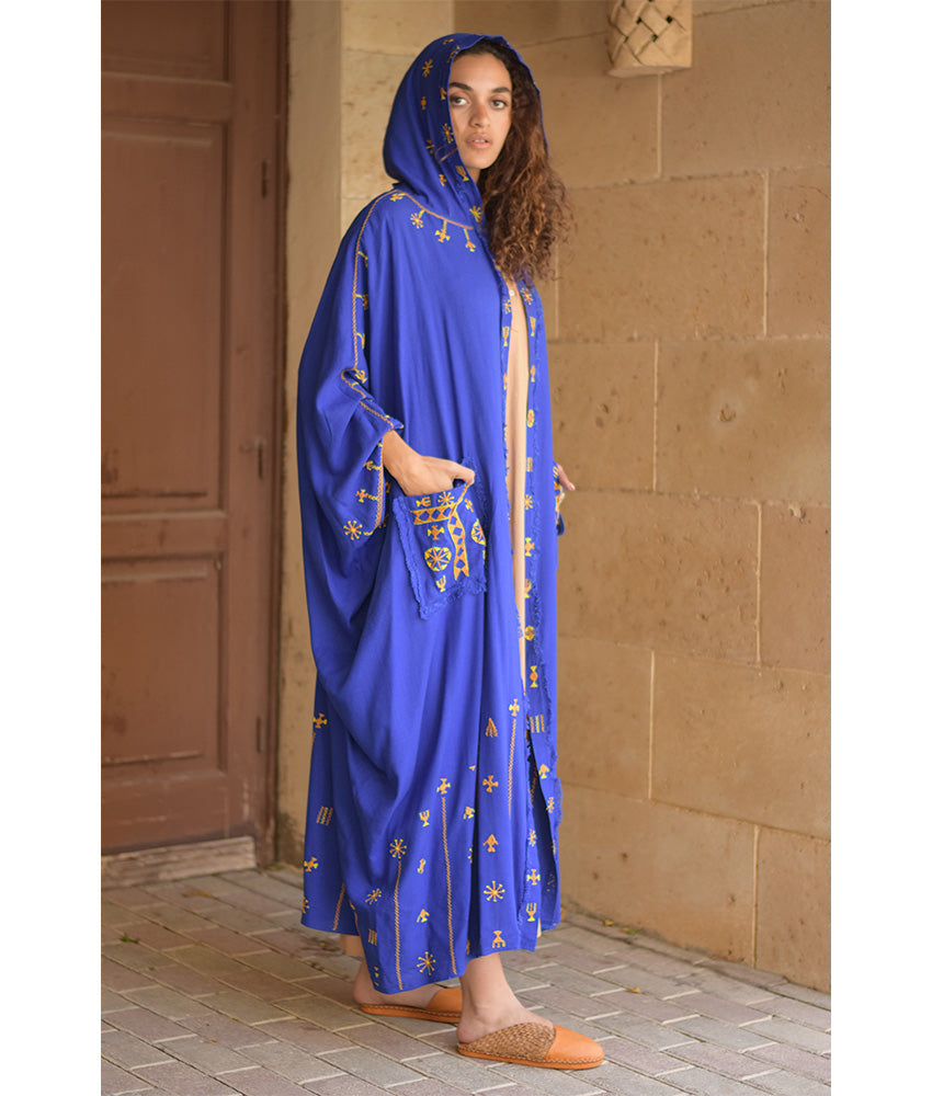 Electric Blue Siwa Embroidered Linen Cardigan/Abaya with Hoodie handmade in Egypt & available at Jozee Boutique.