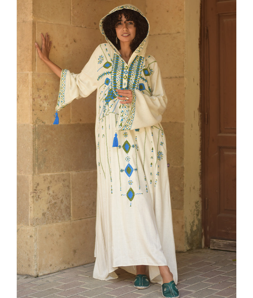 Off white Siwa Embroidered Linen Dress with Hoodie handmade in Egypt & available at Jozee Boutique.