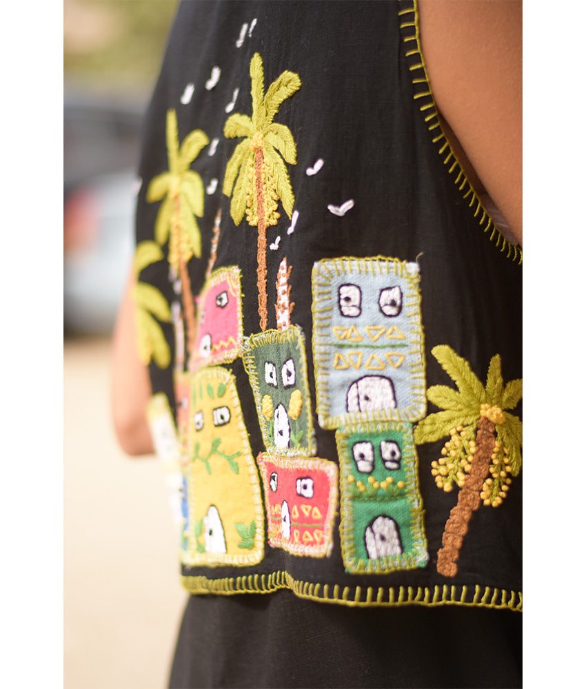 Black Hand Embroideries Linen Vest handmade in Egypt & available at Jozee Boutique.