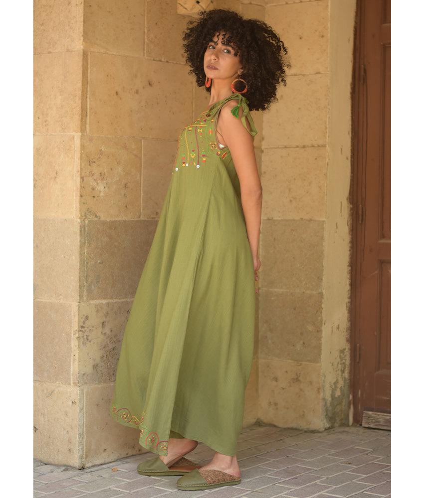 Army green Siwa Embroidered Linen Flowy Jumpsuit/Dress handmade in Egypt & available at Jozee Boutique.
