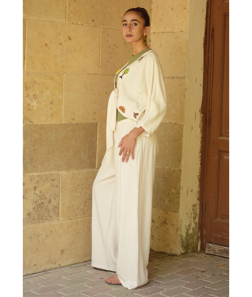Off White Embroidered Linen Cotton Mix Bolero/Top & Pants Set handmade in Egypt & available in Jozee boutique