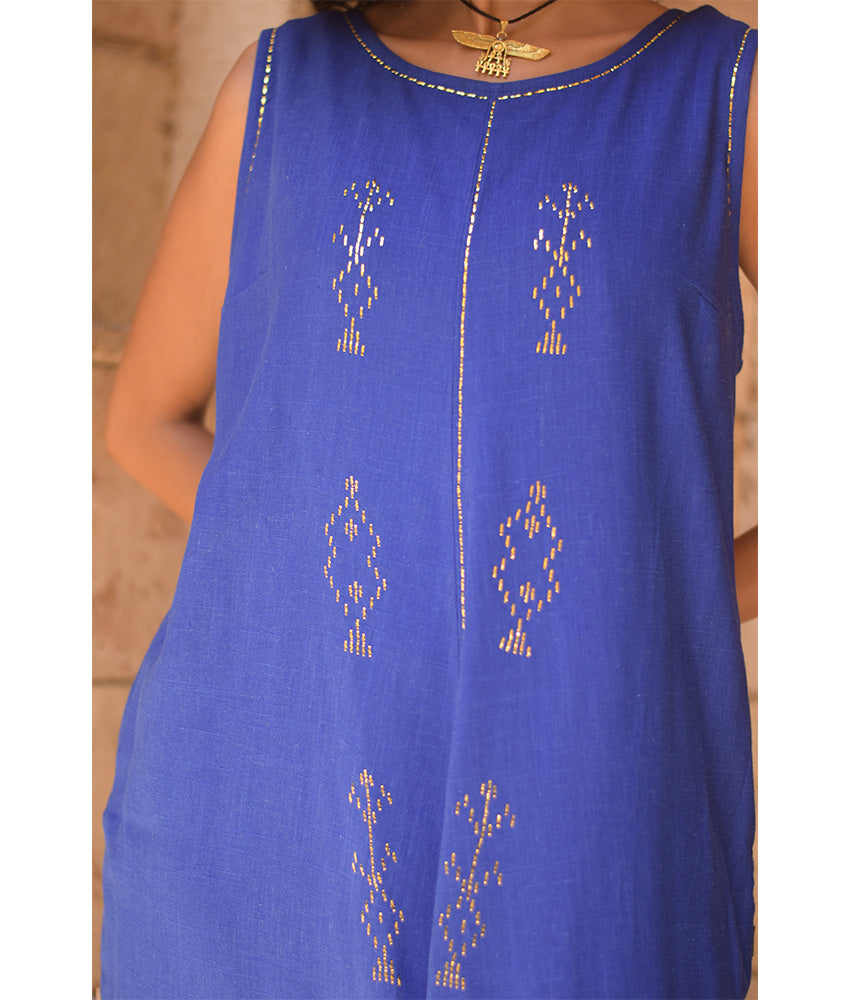 Electric Blue Linen Dress with Gold Tally Embroideries handmade in Egypt & available at Jozee boutique