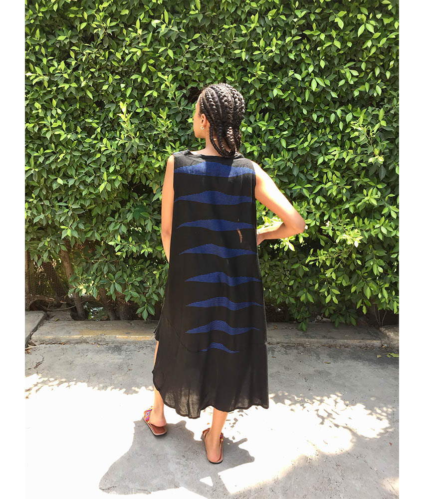 Black & Blue Viscose Midi Sleeveless Dress Handmade in Egypt & available in Jozee boutique