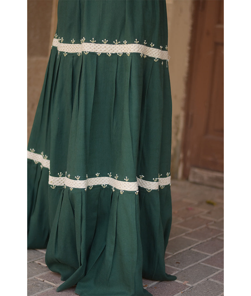 Emerald green Linen Skirt with Hand Embroideries handmade in Egypt & available at Jozee Boutique.