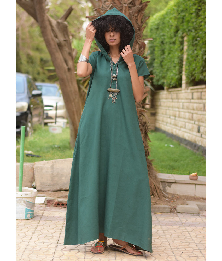 Emerald Green Linen Dress with Hoodie handmade in Egypt & available at Jozee Boutique.