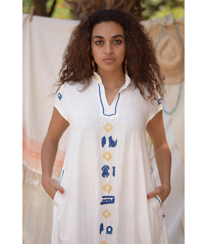 White Linen Dress with Hand Embroideries handmade in Egypt & available at Jozee Boutique.
