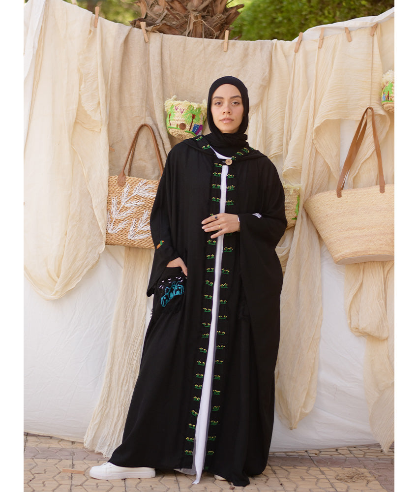 Black Hand Embroidered Linen Cardigan/Abaya with Hoodie handmade in Egypt & available at Jozee Boutique.
