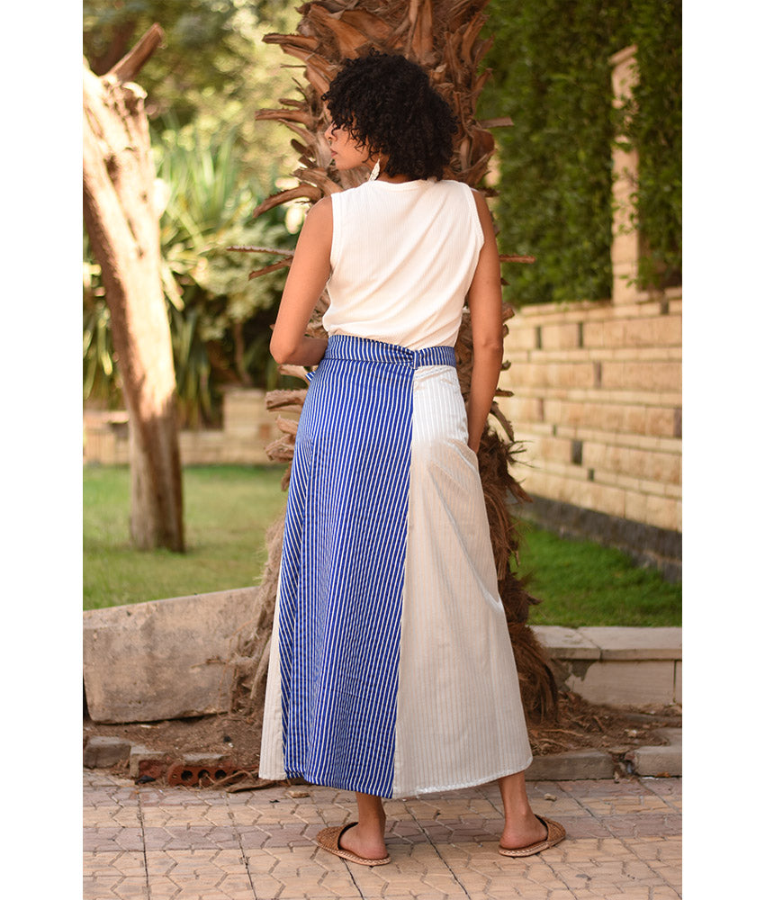 Blue & Silver Silk and Cotton Loom Woven Long Wrap Skirt handmade in Egypt & available at Jozee Boutique.