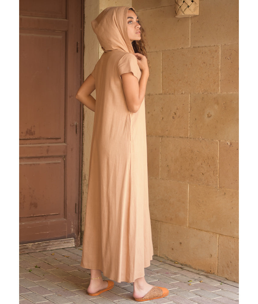 Dark beige Linen Dress with Hoodie handmade in Egypt & available at Jozee Boutique.