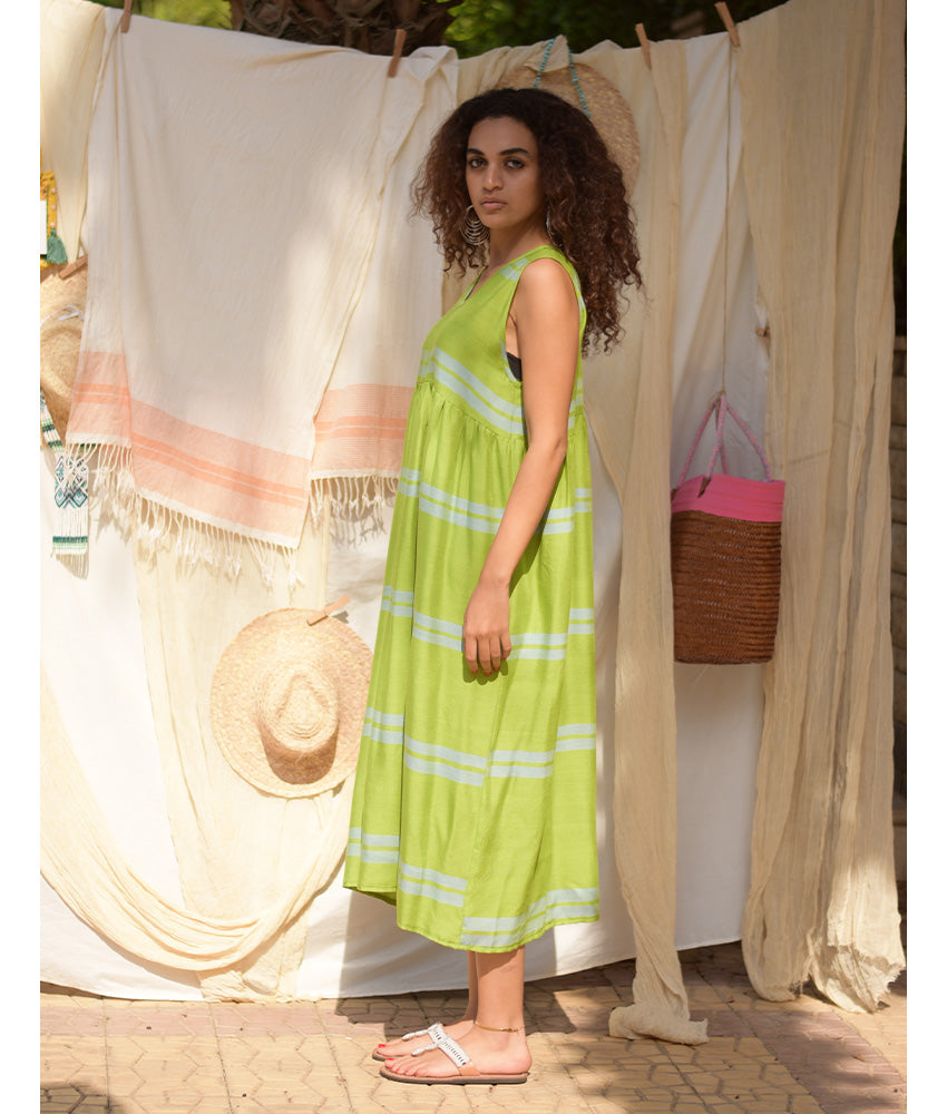 Apple Green Viscose Midi Sleeveless Dress handmade in Egypt & available at Jozee Boutique.
