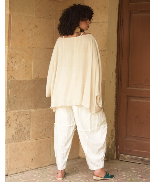 Off white Viscose Oversized Top with Flowing Silhouette handmade in Egypt & available at Jozee Boutique.