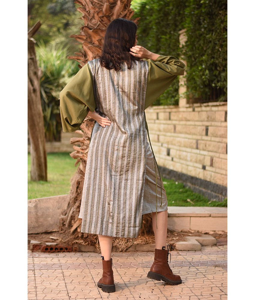 Army Green & Silver Silk & Cotton Loom Woven Long Sleeve Tunic handmade in Egypt & available at Jozee Boutique.