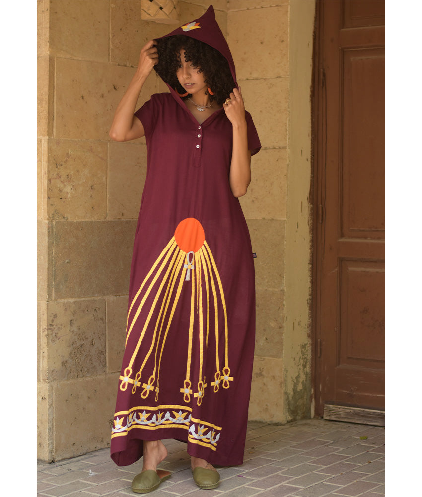 Burgundy Linen Dress with Khyamia Ancient Egyptian Crafts Patchwork handmade in Egypt & available at Jozee Boutique.
