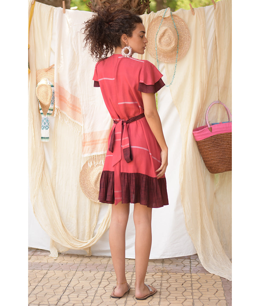 Shades of Red Handwoven Short Spiral Dress handmade in Egypt & available at Jozee Boutique.