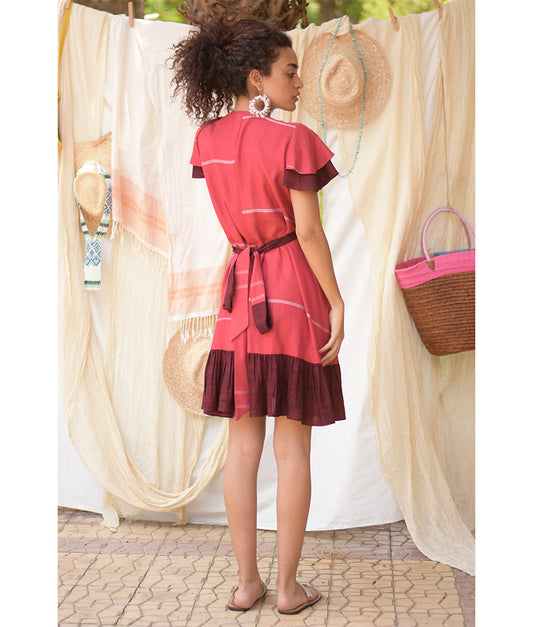 Shades of Red Handwoven Short Spiral Dress handmade in Egypt & available at Jozee Boutique.