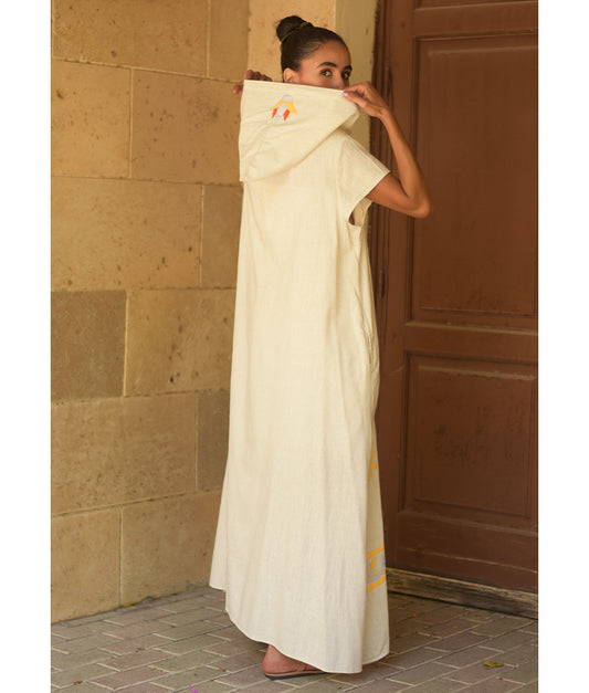 Off White Linen Dress with Khyamia Ancient Egyptian Crafts Patchwork handmade in Egypt & available at Jozee Boutique.