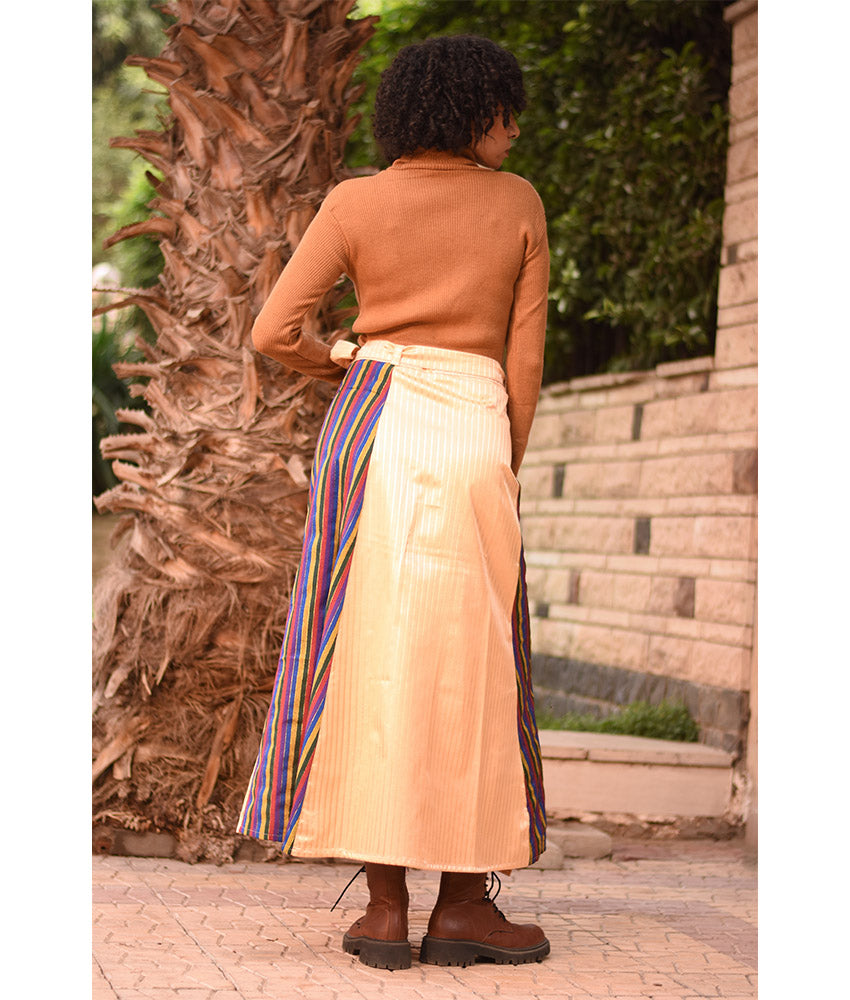 Multicolored & Gold Silk and Cotton Loom Woven Long Wrap Skirt handmade in Egypt & available at Jozee Boutique.