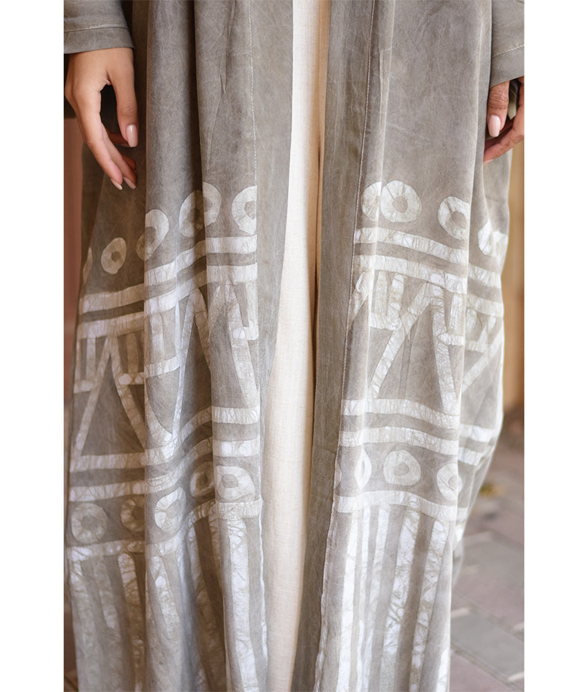 Olive Batik Dyed Nubian Cardigan handmade in Egypt & available at Jozee Boutique.