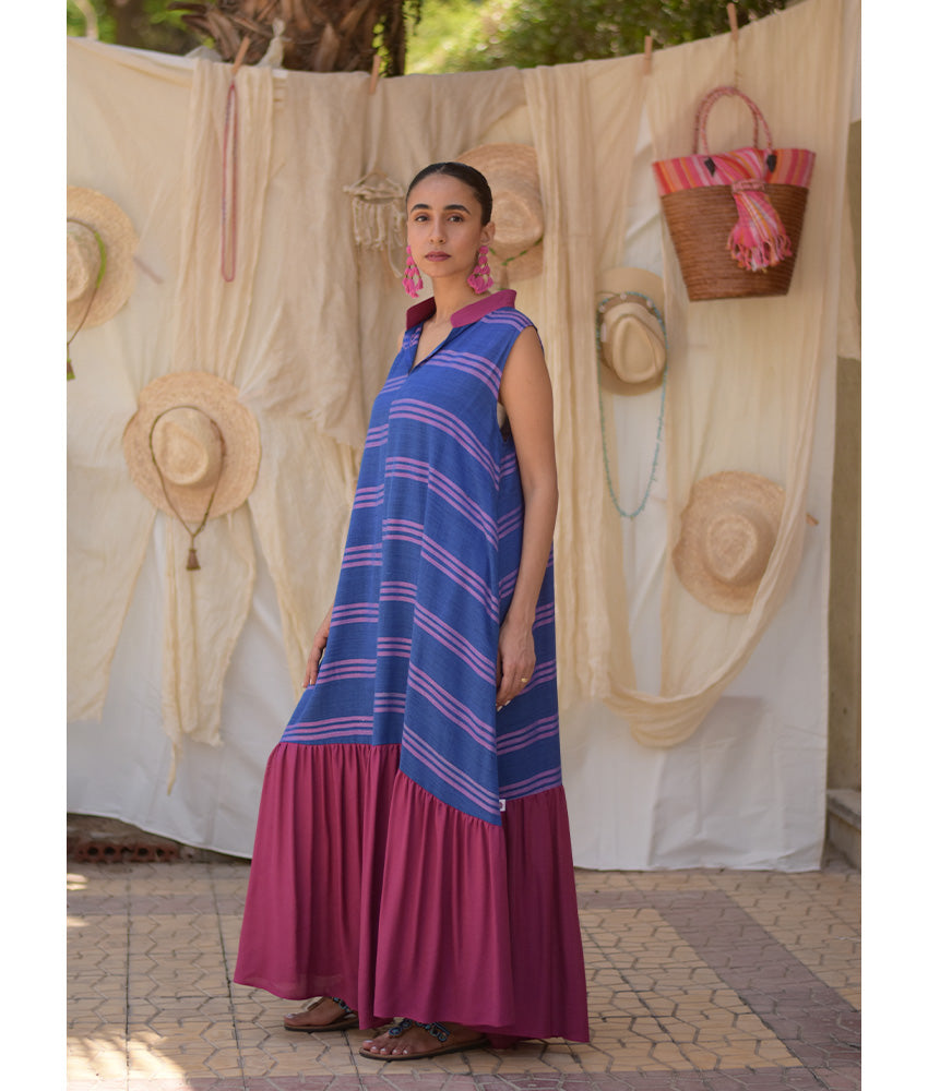 Blue & Fuchsia Handwoven Ruffle Dress handmade in Egypt & available in Jozee boutique