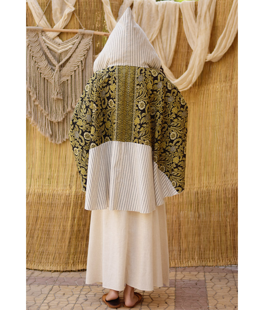 White, Black & Mustard Wool & Heavy Linen Double-Face Heritage Cape