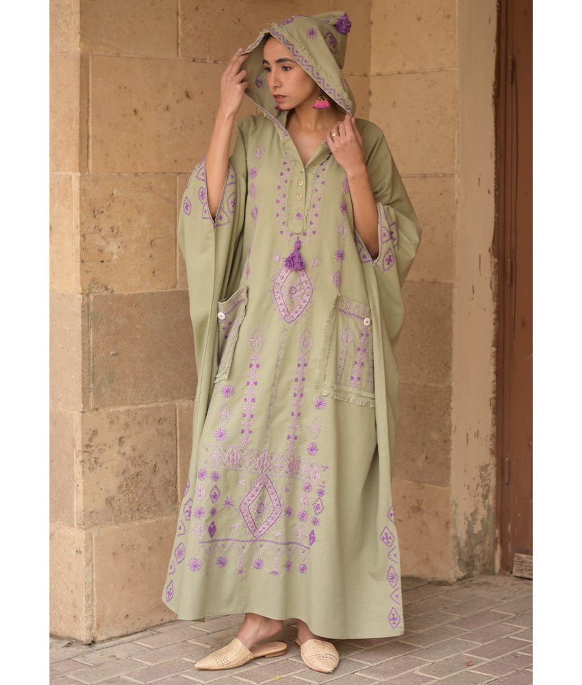 Light olive Siwa Embroidered Linen Kaftan with Hoodie handmade in Egypt & available at Jozee Boutique.