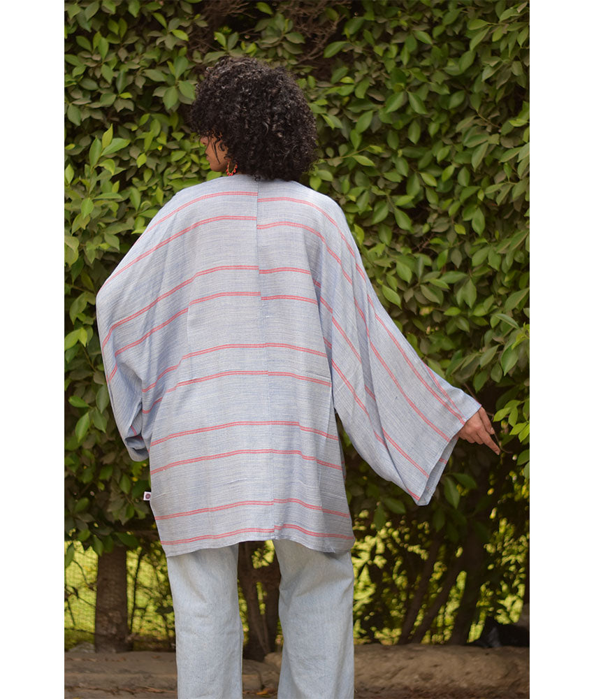 Baby Blue & Red handwoven Egyptian cotton cardigan handmade in Egypt & available at Jozee Boutique.