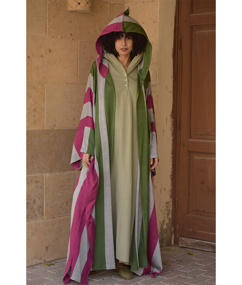 Multicolored Viscose Cardigan with Hoodie handmade in Egypt & available at Jozee Boutique.