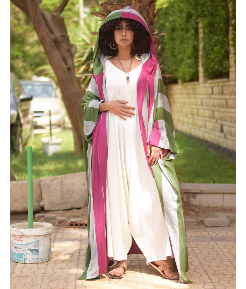 Multicolored Viscose Cardigan with Hoodie handmade in Egypt & available at Jozee Boutique.