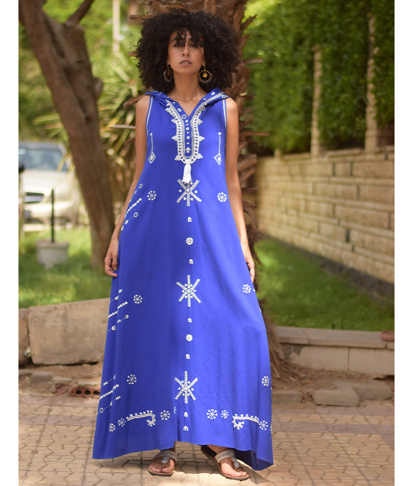 Electric Blue Siwa Heavily Embroidered Linen Dress with Hoodie handmade in Egypt & available at Jozee Boutique.