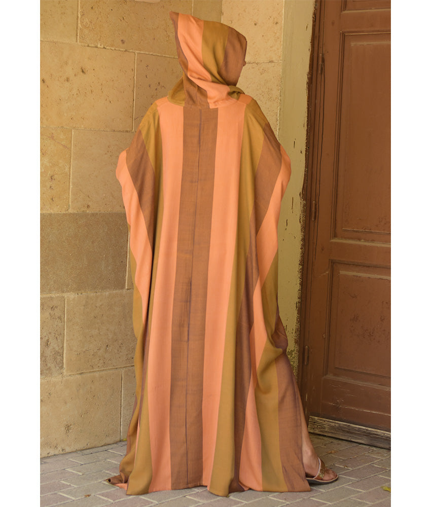 Peach & Brown Stripped Viscose Kaftan with Hoodie handmade in Egypt & available at Jozee Boutique.