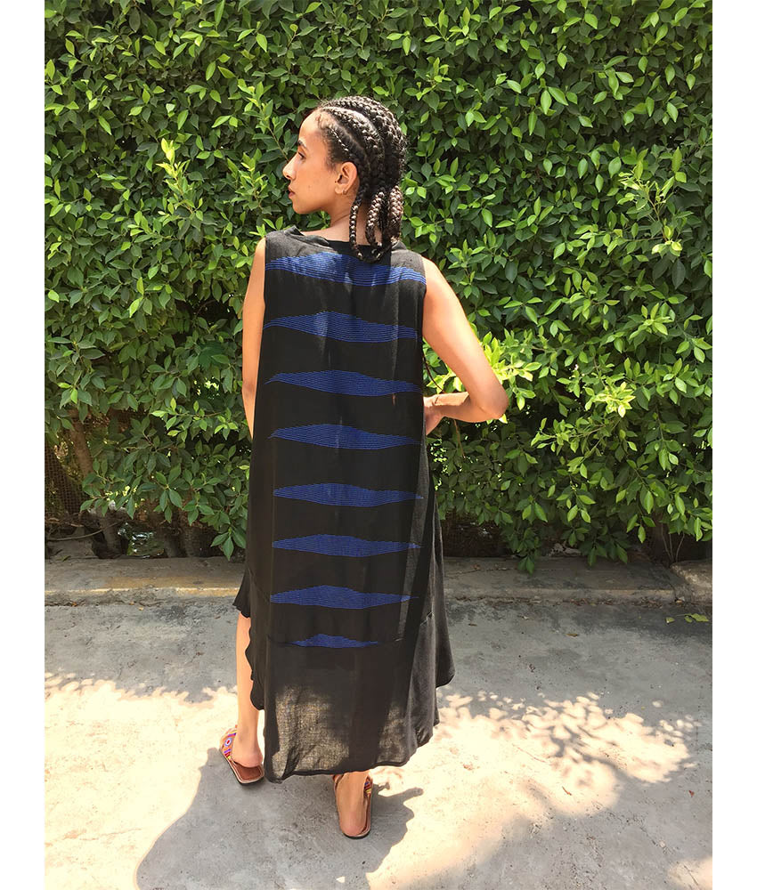 Black & Blue Viscose Midi Sleeveless Dress Handmade in Egypt & available in Jozee boutique