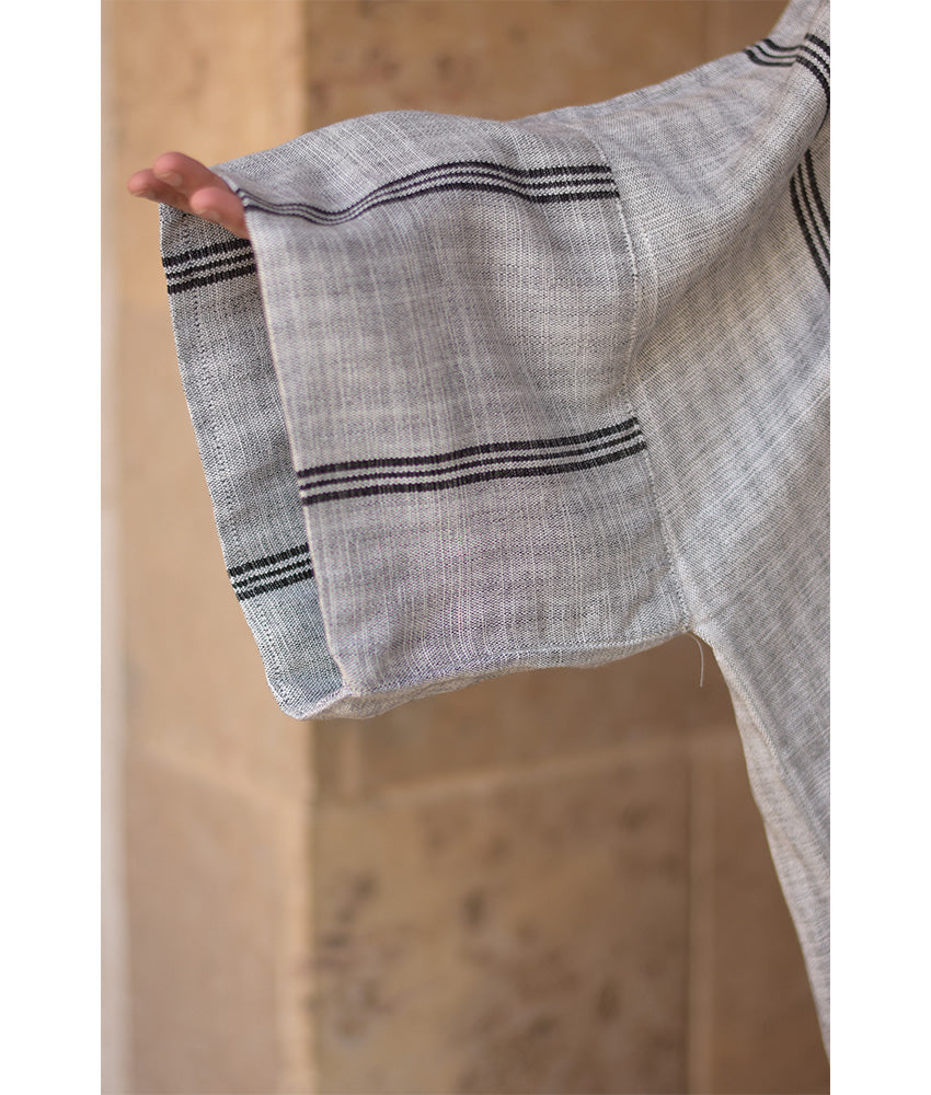 Grey Stripped Viscose Kaftan with Hoodie handmade in Egypt & available at Jozee Boutique.