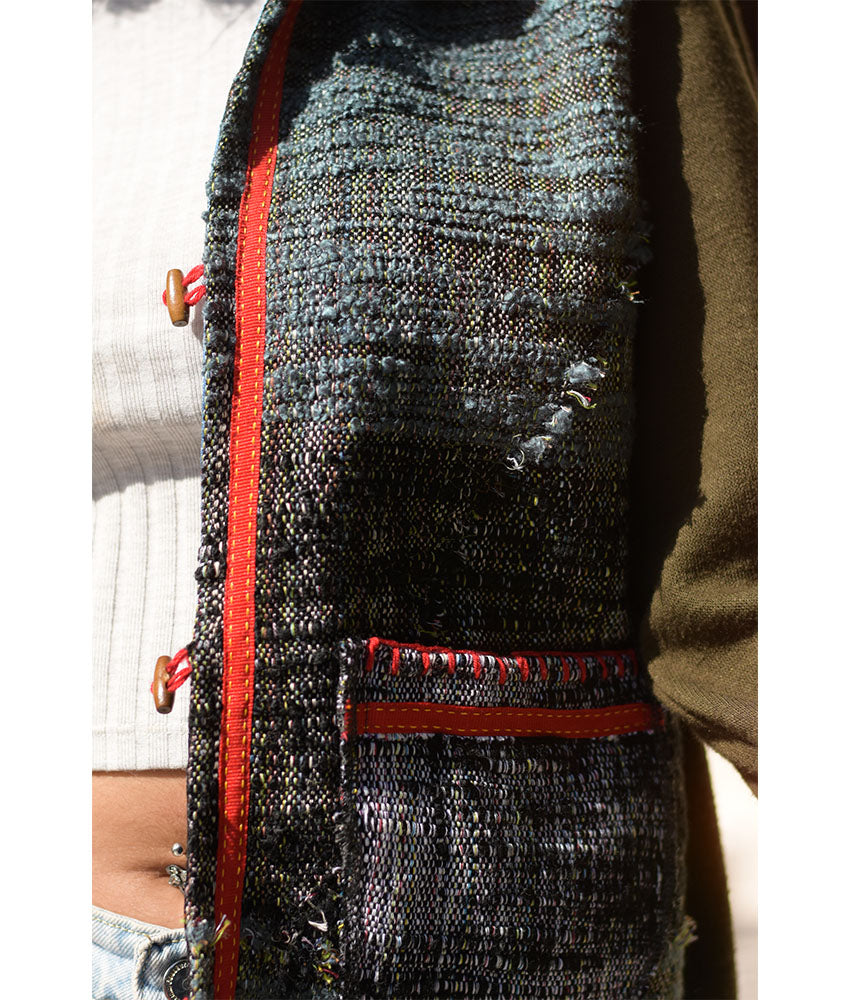 Multicolored & Dark Green Cropped Akhmim Loomwoven Jacket handmade in Egypt & available at Jozee Boutique.handmade in Egypt & available at Jozee Boutique.