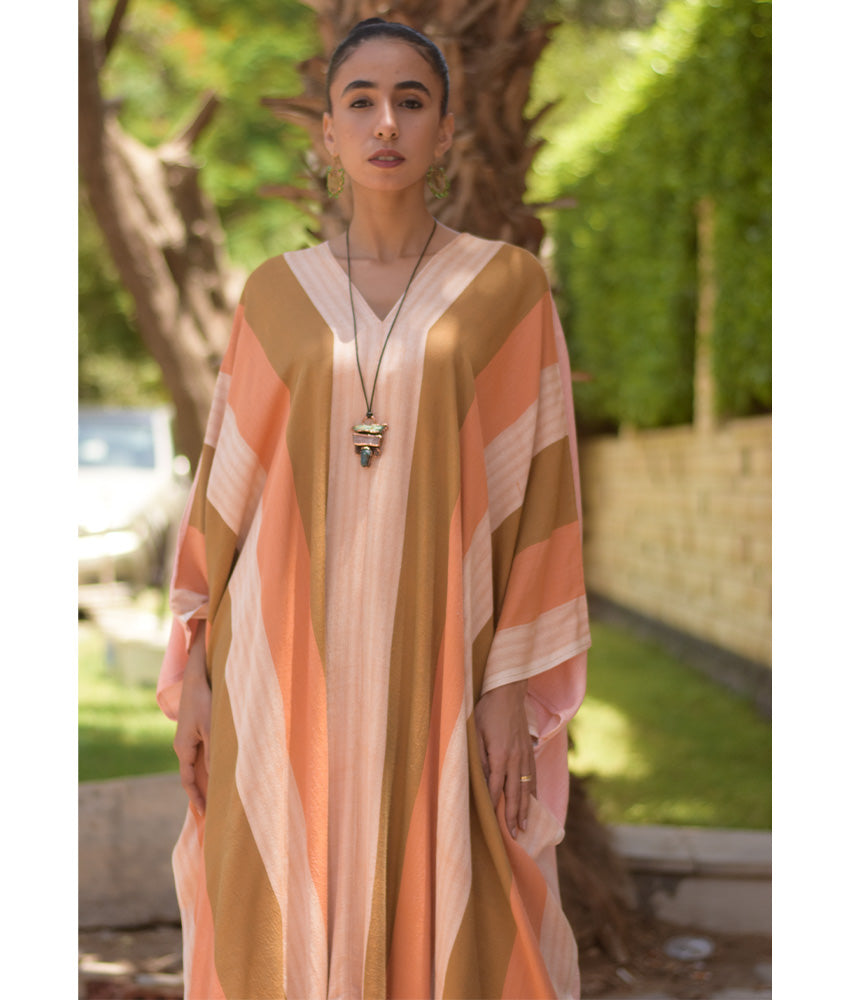 Peach & Multicolored Handwoven Ruffle Kaftan handmade in Egypt & available at Jozee boutique