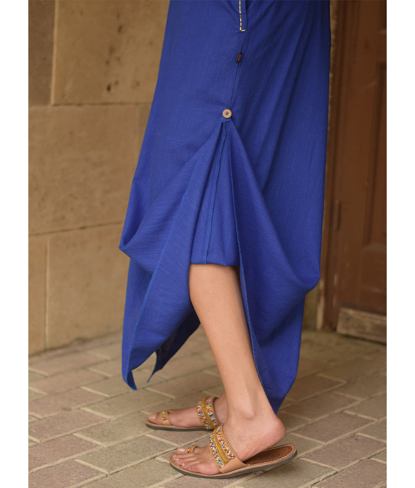 Electric Blue Linen Dress with Gold Tally Embroideries handmade in Egypt & available at Jozee boutique