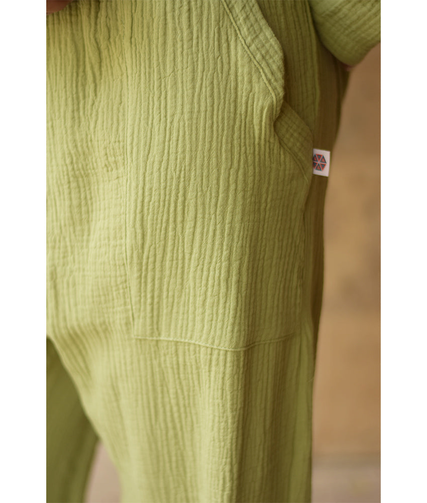 Light Olive Green Cotton Textured Wide-Leg Pants handmade in Egypt & available at Jozee boutique