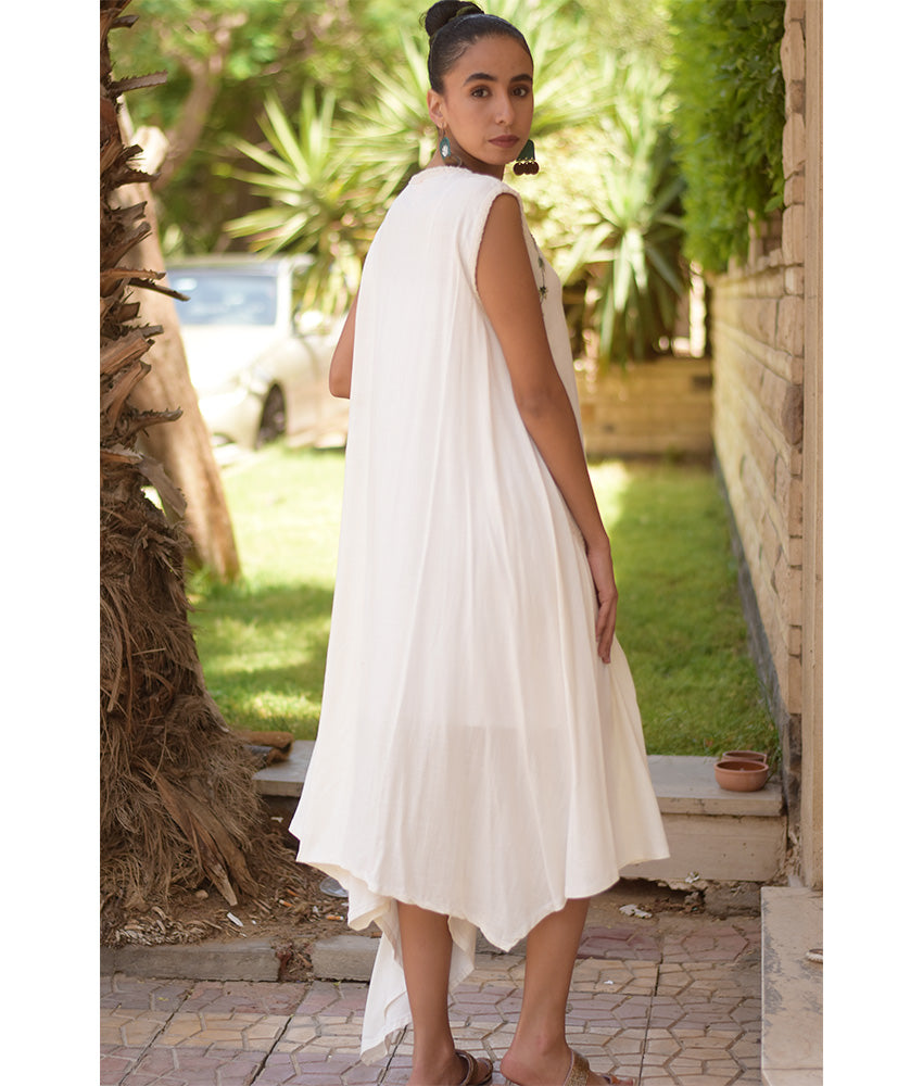 White Linen Dress with Hand Embroideries handmade in Egypt & available in Jozee boutique