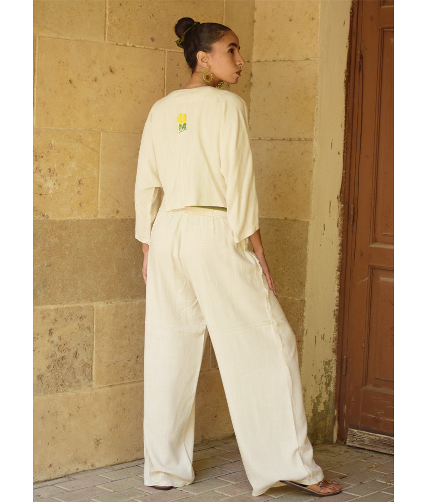 Off White Embroidered Linen Cotton Mix Bolero/Top & Pants Set handmade in Egypt & available in Jozee boutique