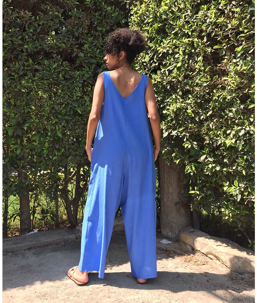 Aqua Linen Jumpsuit handmade in Egypt & available at Jozee Boutique.