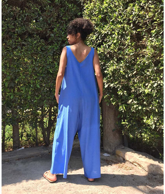 Aqua Linen Jumpsuit handmade in Egypt & available at Jozee Boutique.