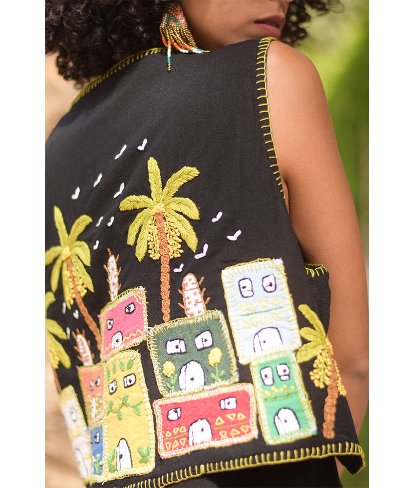 Black Hand Embroideries Linen Vest handmade in Egypt & available at Jozee Boutique.
