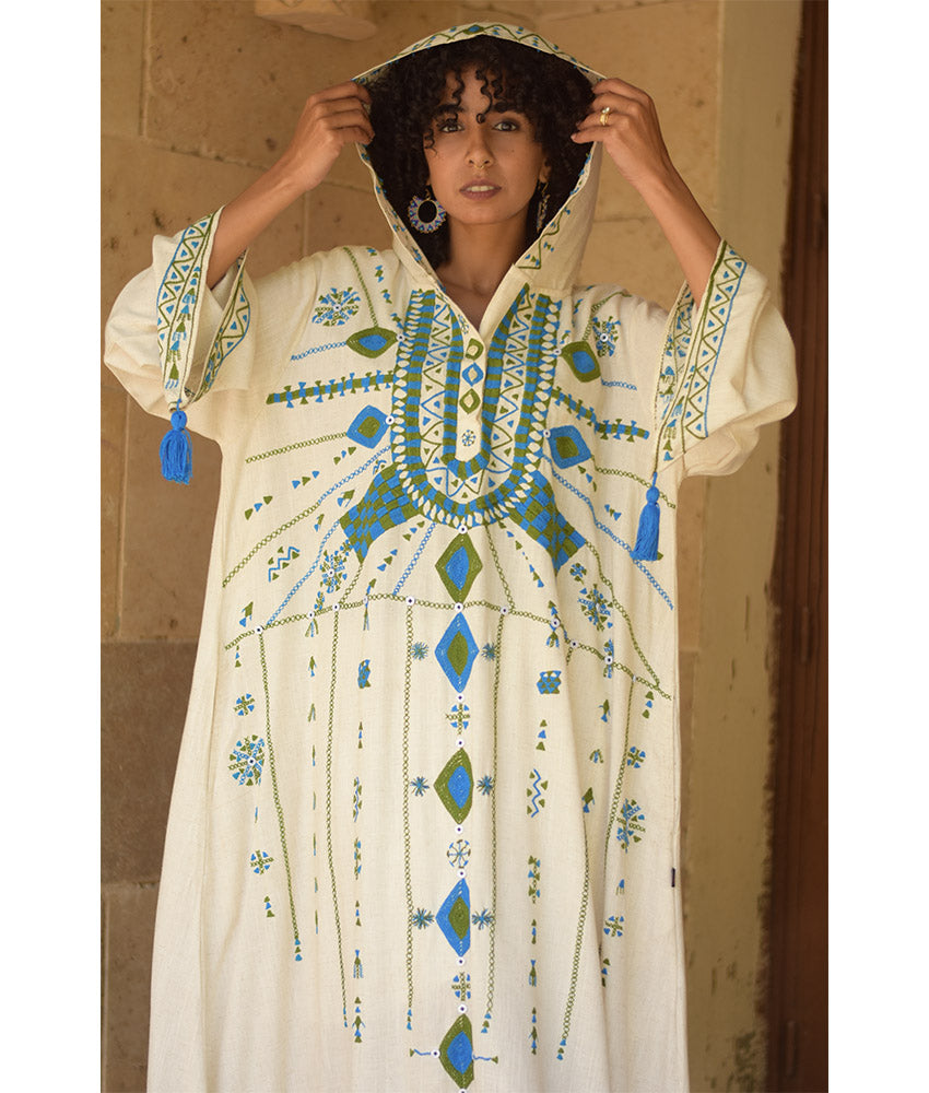 Off white Siwa Embroidered Linen Dress with Hoodie handmade in Egypt & available at Jozee Boutique.