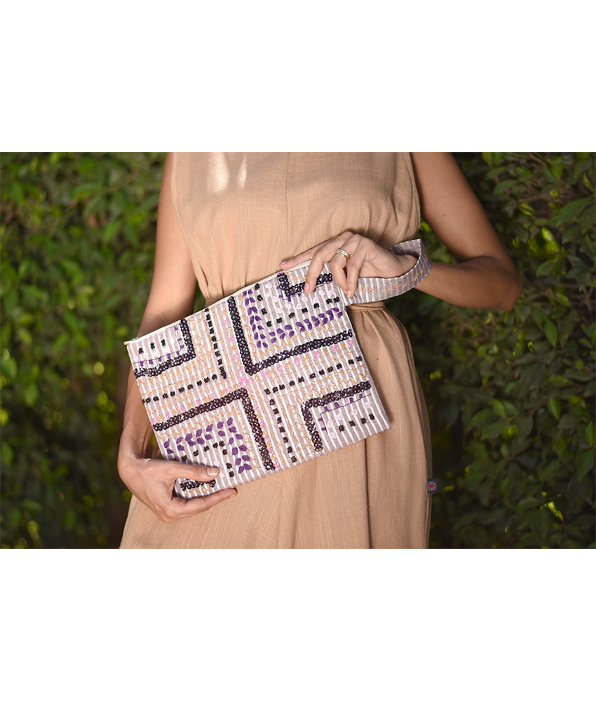 Off white & Beige Embroidered Clutch handmade in Egypt & available at Jozee Boutique.