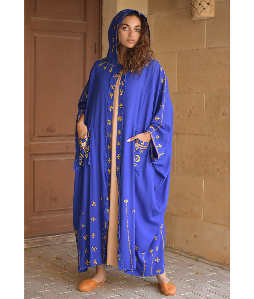 Electric Blue Siwa Embroidered Linen Cardigan/Abaya with Hoodie handmade in Egypt & available at Jozee Boutique.