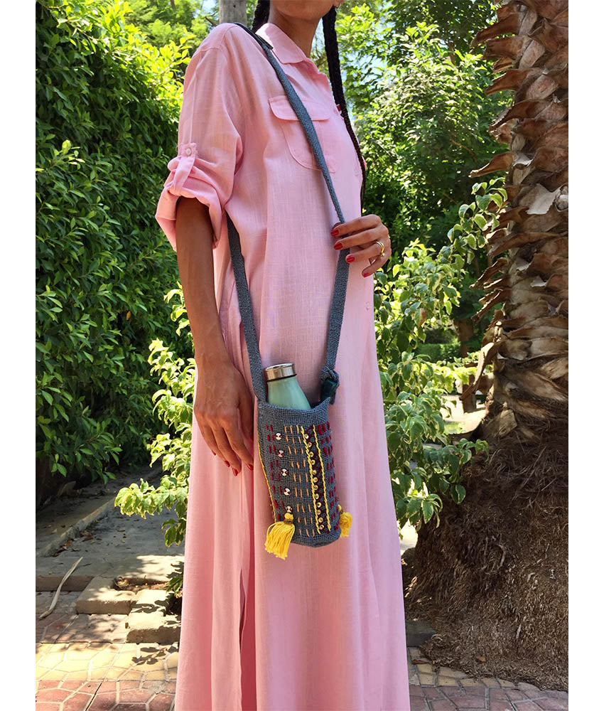 Slate Grey Embroidered Burlap Bottle Cover handmade in Egypt & available at Jozee Boutique.