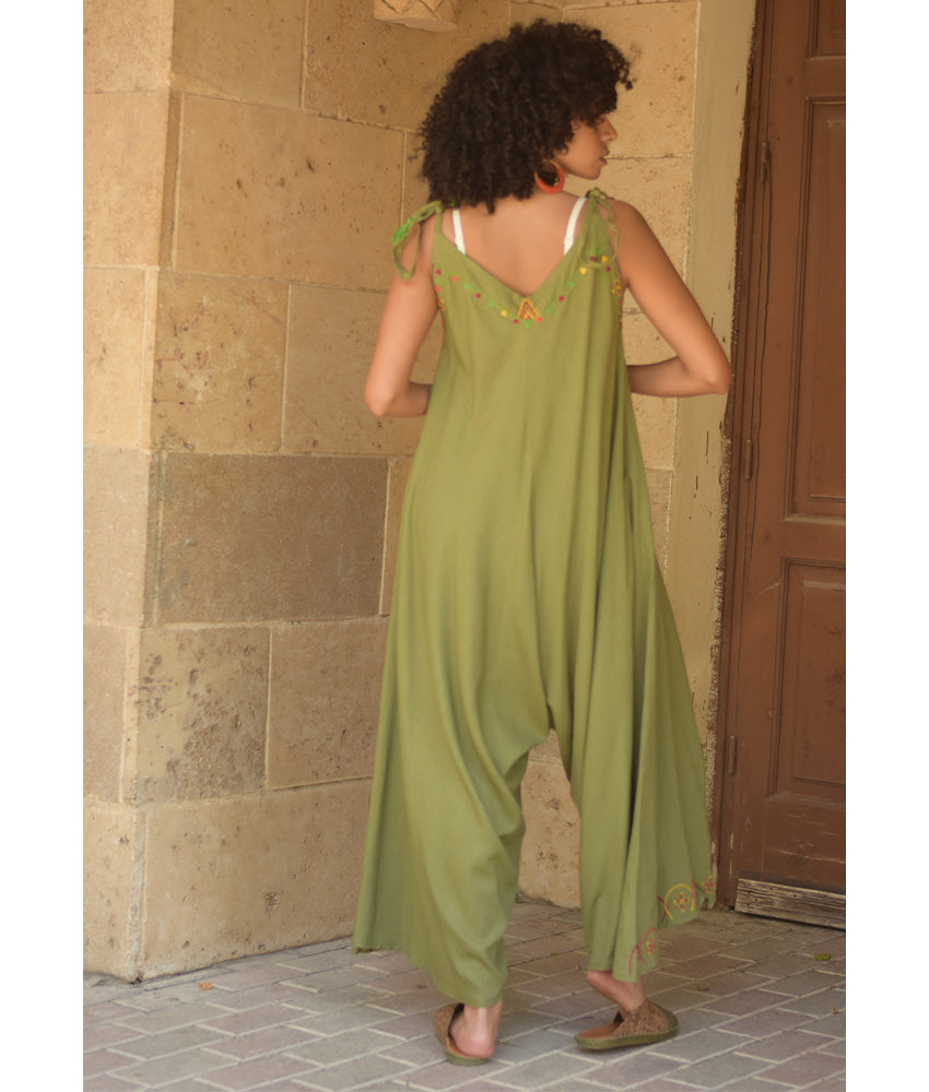 Army green Siwa Embroidered Linen Flowy Jumpsuit/Dress handmade in Egypt & available at Jozee Boutique.