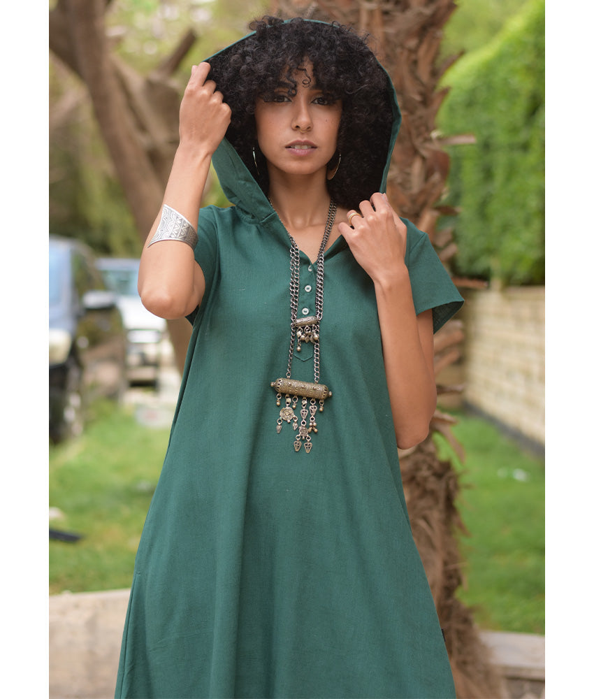 Emerald Green Linen Dress with Hoodie handmade in Egypt & available at Jozee Boutique.