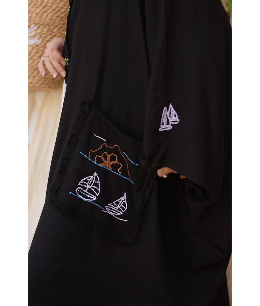 Black Hand Embroidered Linen Cardigan/Abaya with Hoodie handmade in Egypt & available at Jozee Boutique.